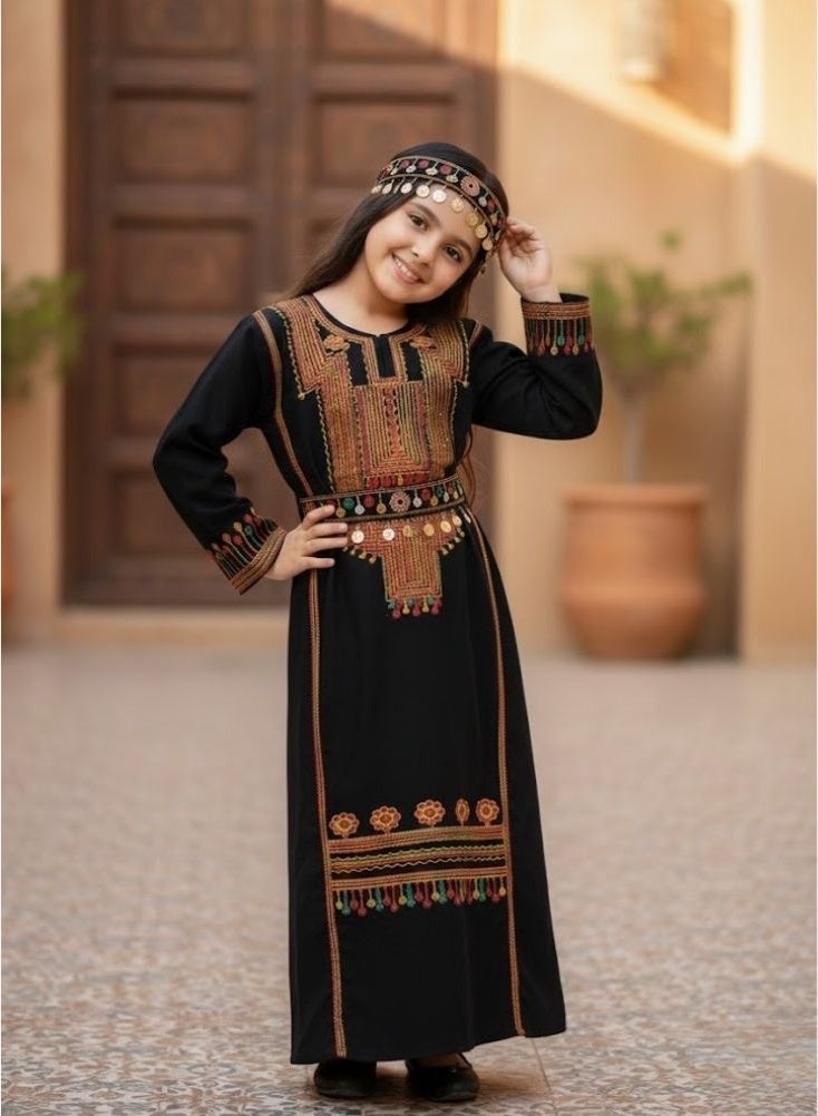 بريميم فستان جلابية ماكسي مطرز من عسيري كيدز تاتريز - فستان طويل فاخر تقليدي للنساء بتطريز هندسي ملون - Image 2